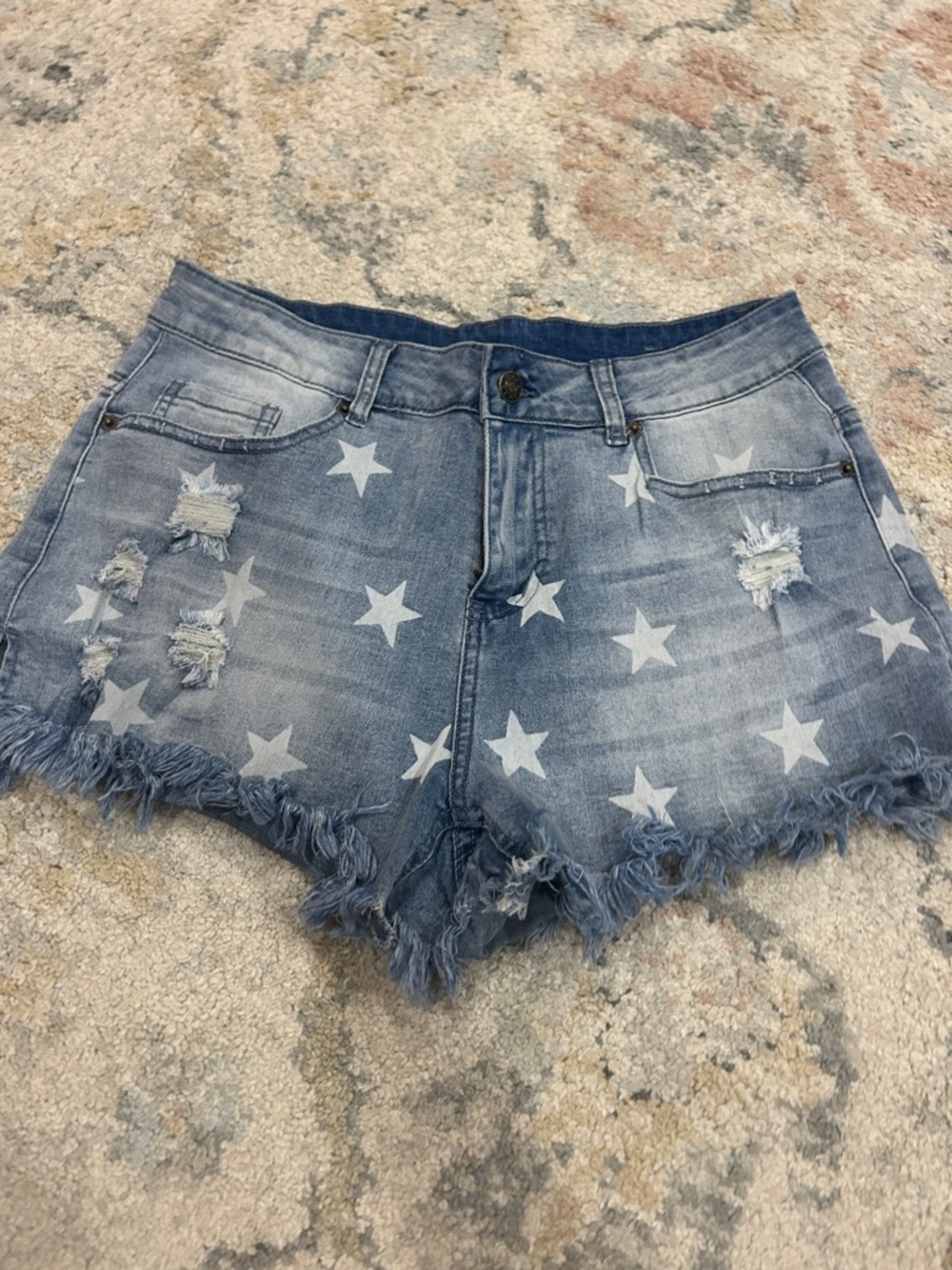 Star Print Frayed Hem Denim Shorts - Blue